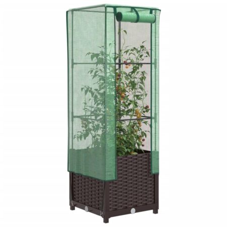 Højbed med drivhusovertræk 40 × 40 × 139 cm - rattan-look, brun/grøn