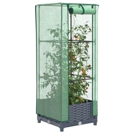 Højbed med drivhusovertræk 40×40×123 cm - rattan-look, blågrå