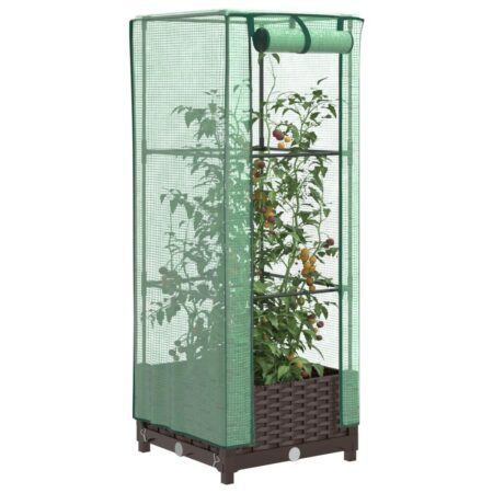 Højbed med drivhusovertræk 40×40×123 cm - rattan-look, brun/grøn