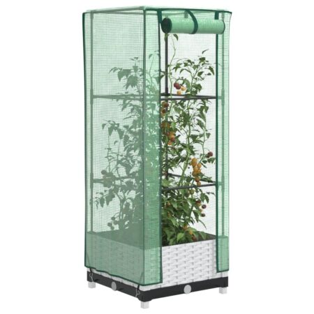 Højbed med drivhusovertræk 40×40×123 cm - rattan-look, hvid/grøn