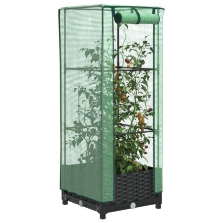 Højbed med drivhusovertræk 40×40×123 cm - rattan-look, sort/grøn