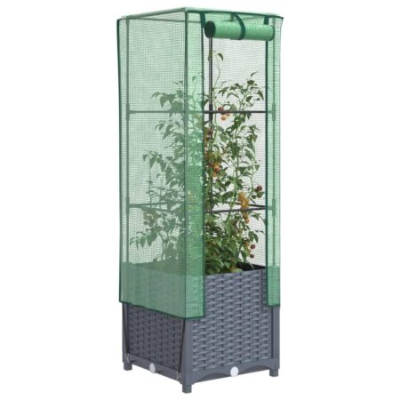 Højbed med drivhusovertræk 40×40×139 cm - rattan-look, blågrå/grøn