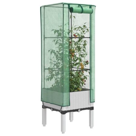Højbed med drivhusovertræk 40×40×140 cm - rattan-look, hvid/grøn