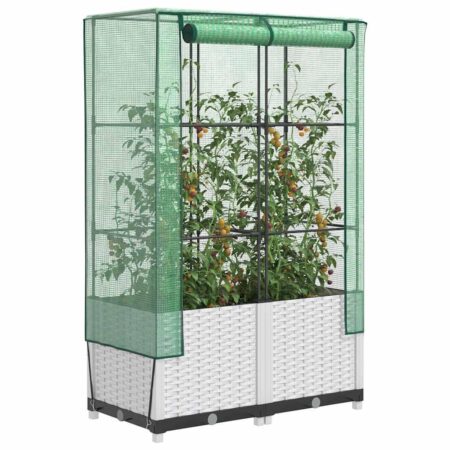 Højbed med drivhusovertræk 80×40×138 cm - rattan-look, hvid/grøn