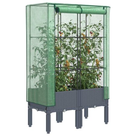 Højbed med drivhusovertræk 80×40×140 cm - rattan-look, blågrå