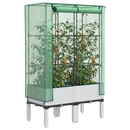 Højbed med drivhusovertræk 80×40×140 cm - rattan-look, hvid/grøn