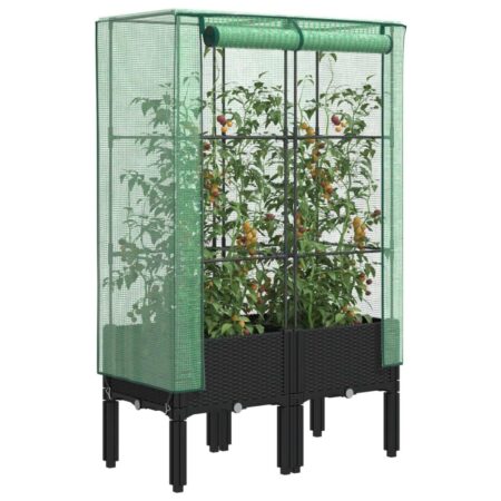 Højbed med drivhusovertræk 80×40×140 cm - rattan-look, sort/grøn