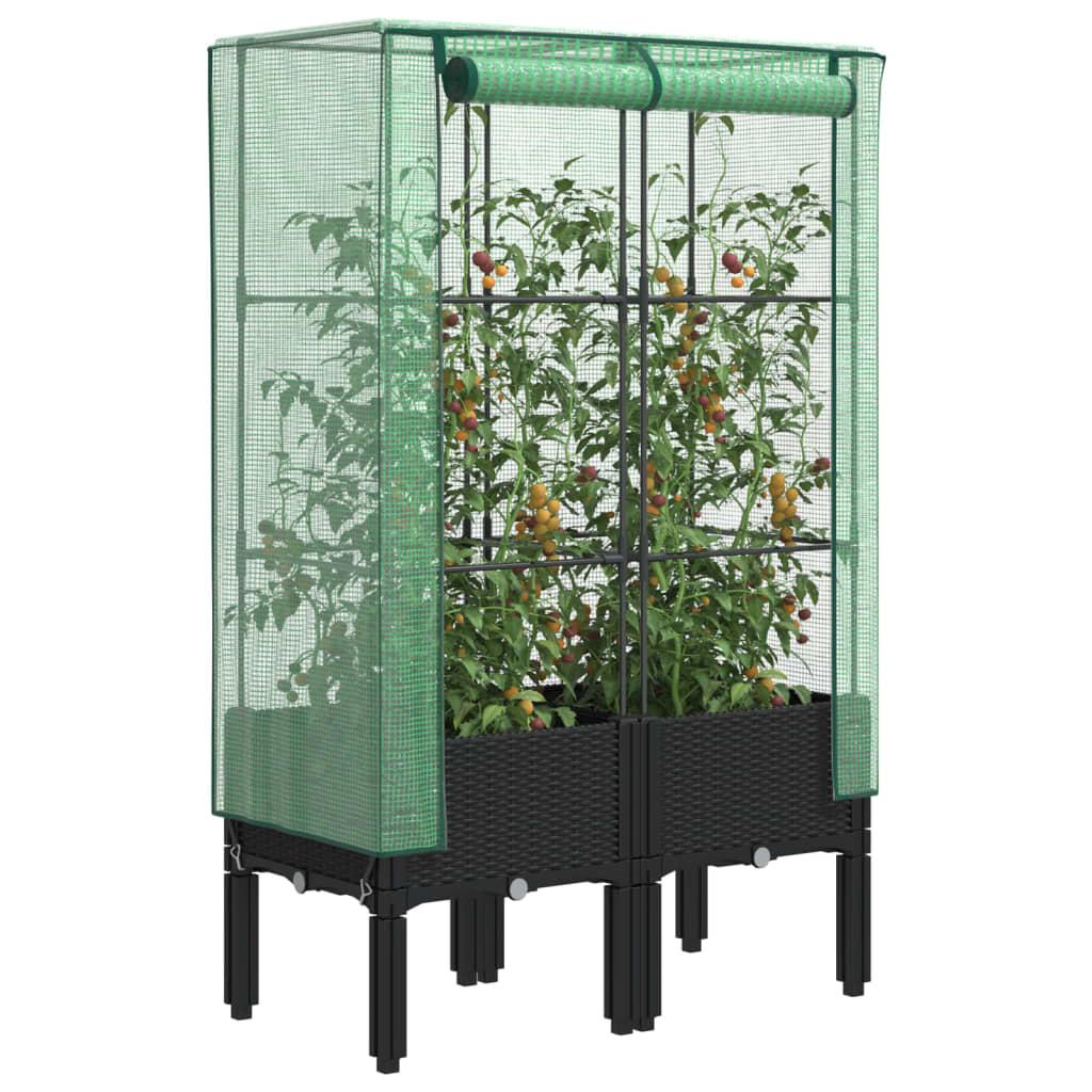 Højbed med drivhusovertræk 80×40×140 cm - rattan-look, sort/grøn Højbed med drivhusovertræk 80×40×140 cm - rattan-look, sort/grøn