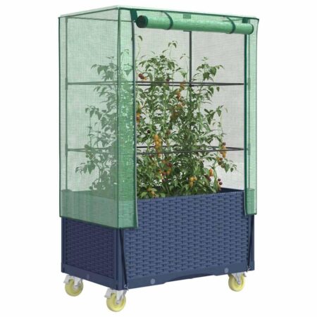 Højbed med drivhusovertræk og hjul 80×50×182 cm - rattan-look, blågrå