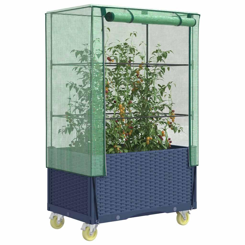 Højbed med drivhusovertræk og hjul 80×50×182 cm - rattan-look, blågrå Højbed med drivhusovertræk og hjul 80×50×182 cm - rattan-look, blågrå