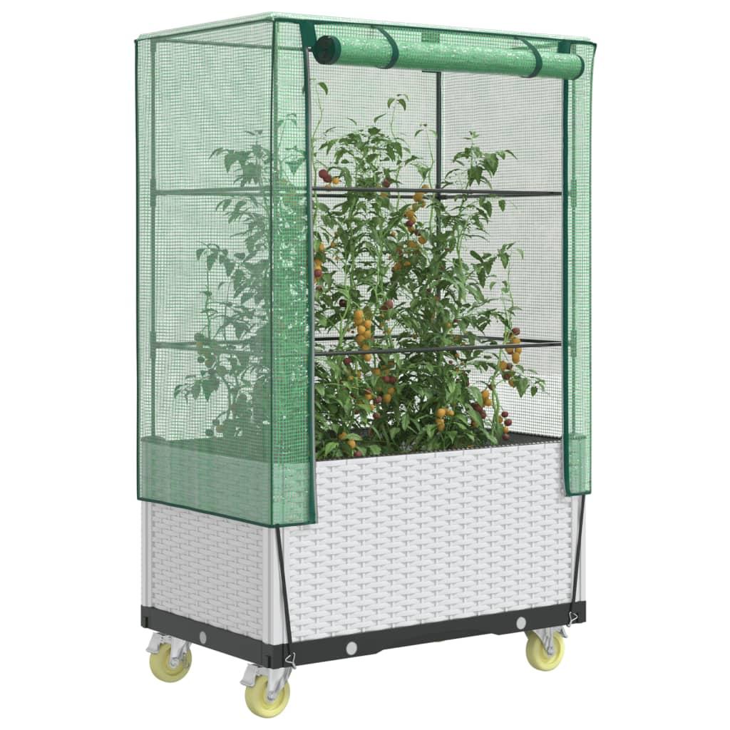 Højbed med drivhusovertræk og hjul 80×50×182 cm - rattan-look, hvid Højbed med drivhusovertræk og hjul 80×50×182 cm - rattan-look, hvid
