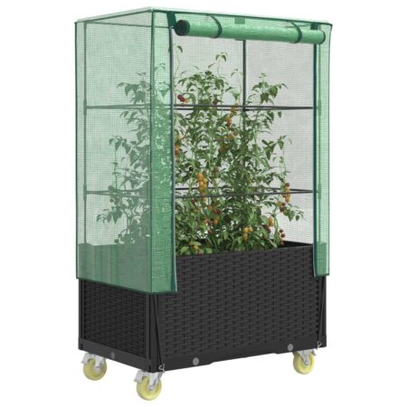 Højbed med drivhusovertræk og hjul - rattan-look 80×50×182 cm