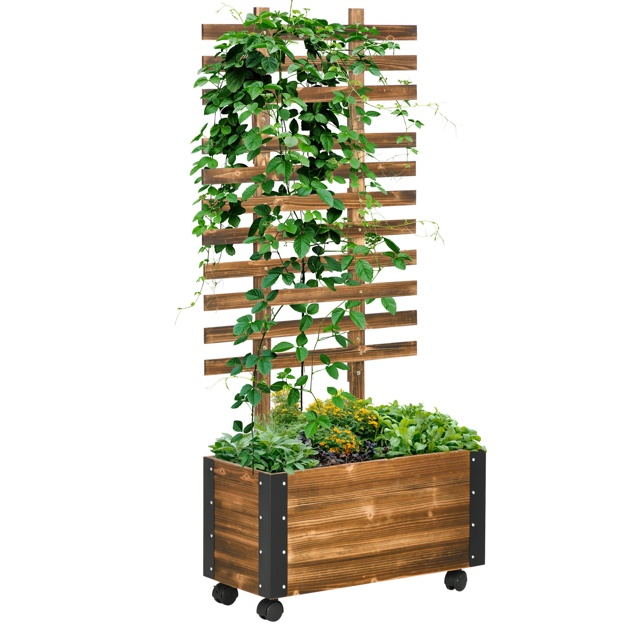 Højbed med espalier, 4 hjul, behandlet massivt træ, 65 cm x 31 cm x 147 cm, sort + brun Højbed med espalier, 4 hjul, behandlet massivt træ, 65 cm x 31 cm x 147 cm, sort + brun