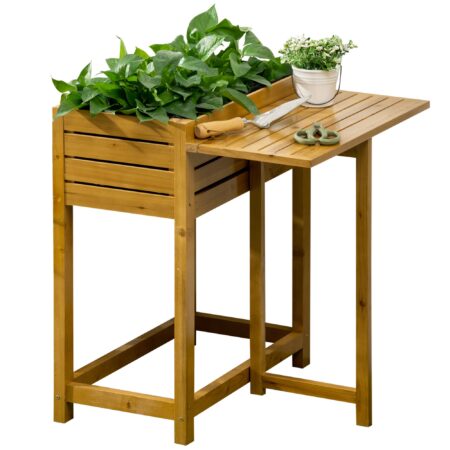 Højbed med foldbar arbejdsflade, lakeret massivt træ, fleeceforing, 64 cm x 63 cm x 74,5 cm