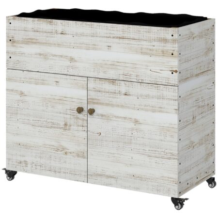 Højbed med hjul, skabsrum, indvendig foring, brugt look, 110x50x95 cm, hvid