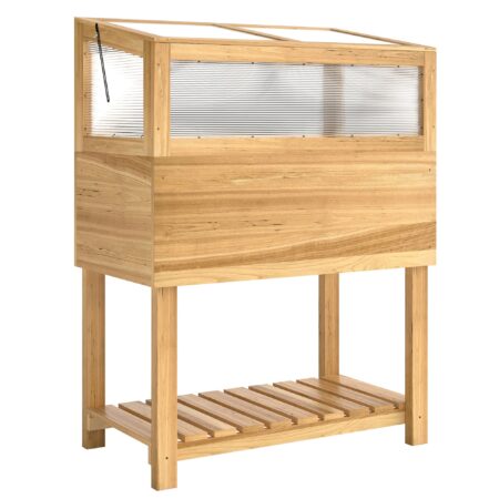 Højbed med træramme, hævet plantekasse med hængslet låg, hylde, fiberdug, ergonomisk design
