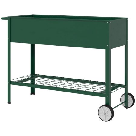 Højbed, plantekasse, 1 hylde, 2 hjul, 109 cm x 44 cm x 80 cm, grøn