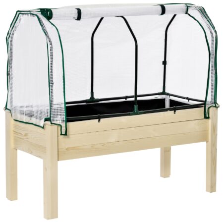Højbed, rullefilmbetræk, ramme af naturtræ, stoffor, drænhuller, 121 x 55 x 117 cm