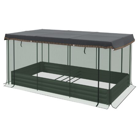 Højbed til solskin med fuglebeskyttelsesnet og solskærm, metalkabinet, 230x110x110 cm, grå/grøn/sort