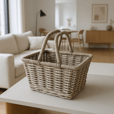 Hollænderkurv med hanke i håndflettet kubu rattan – 46x37xH24 cm – robust og dekorativ kurv til picnic og opbevaring