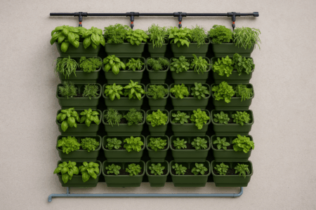 Hydroponisk plantevæg med 56 plantepotter