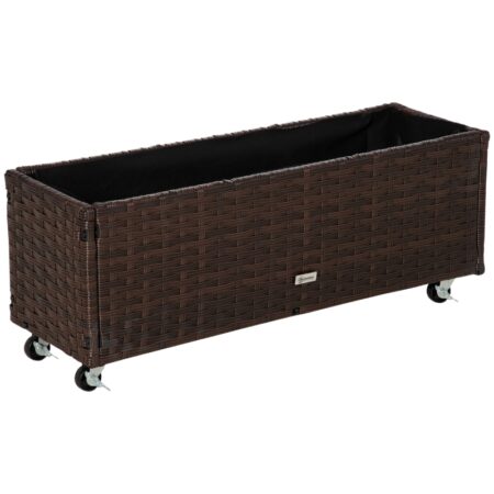 H⌀jseng Polyrattan Med Hjul Plantekasse Med Drænhuller Blomsterkasse Urtepotte Kaffe Brun 94,5 X 31 X 36 Cm