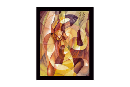Indrammet lærred i træ - 41x56 cm - Abstrakt komposition med organiske former og en vase med planter - Guld / Brun / Terrakotta