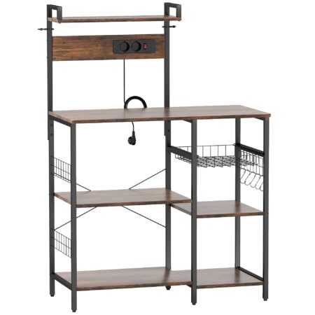 Køkkenreol, fritstående hylde med 2 stikkontakter, 5 S-kroge, 5 hylder, kurv, X-stivere, stål, 90 x 42 x 130 cm