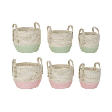 Kurvesæt Natur Pink Grøn Naturlig fiber 30 x 30 x 32 cm Boho (2 enheder)