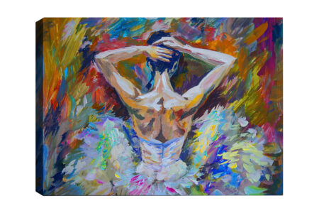 Lærred 70x100 cm - Balletdanser set bagfra med opsat hår og en elegant kjole i klare farver - Hvid / Lyseblå / Orange