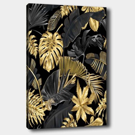 Lærred 70x100 cm - Et stiliseret mønster af tropiske planter i guld og sort - Guld / Sort / Mørkegrøn