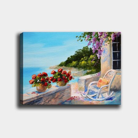 Lærred 70x100 cm - Smuk udsigt over havet med blomster i potter og en stol på en terrasse - Blå / Grøn / Rød