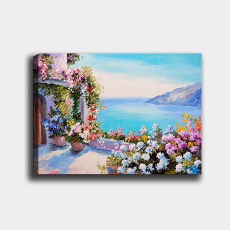 Lærred 70x100 cm - Smuk udsigt over havet med blomsterarrangementer i potter, der pryder en terrasse - Blå / Grøn / Lyserød