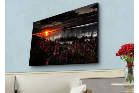 Lærredsbillede med LED-belysning - Solnedgang over en spejlblank sø med blomstrende planter i forgrunden - Mørk pink / Orange / Sort