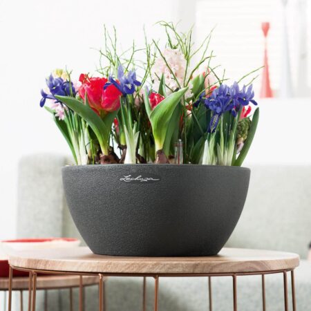 Lechuza Cubeto Stone udendørs krukke til blomster med selvvandingssystem Graphite black Ø30xH13 cm