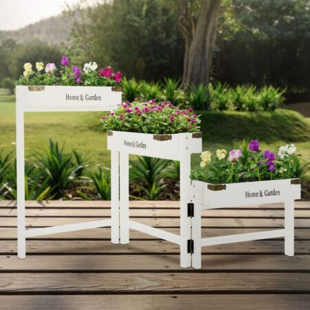 ML-Design Blomsterstativ 3 etager Hvid Træ; 111cm; Blomsterkasse 32x16x7cm; sammenklappelig; Rustikale kasser til dekoration; Plante stativ