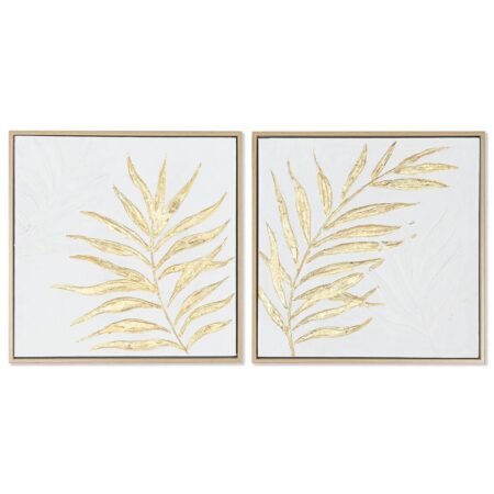 Maleri Home ESPRIT Hvid Gylden Lærred Træ MDF Moderne Blad af en plante 42 x 4 x 42 cm (2 enheder)