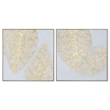 Maleri Home ESPRIT Hvid Gylden Lærred Træ MDF Moderne Blad af en plante 82 x 4,5 x 82 cm (2 enheder)