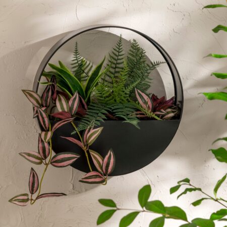 Metal Circle Wall Planter With Foliage Black