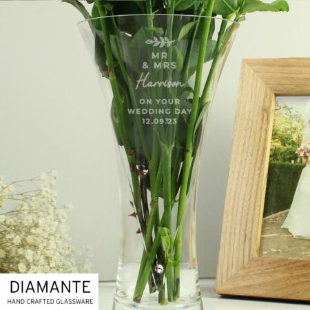 Personalised Botanical Hand Cut Diamante Heart Vase Clear