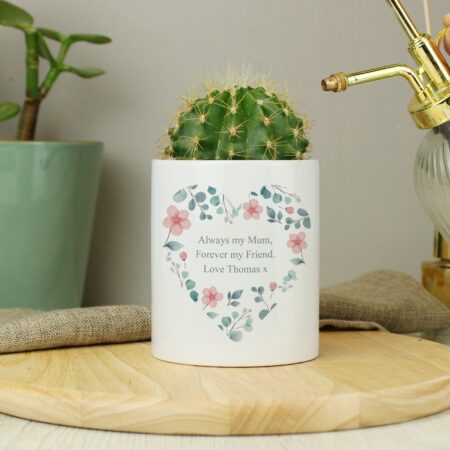 Personalised Floral Mum Heart Ceramic Plant Pot White