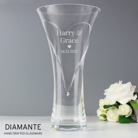 Personalised Mr and Mrs Large Hand Cut Diamante Heart Vase Clear