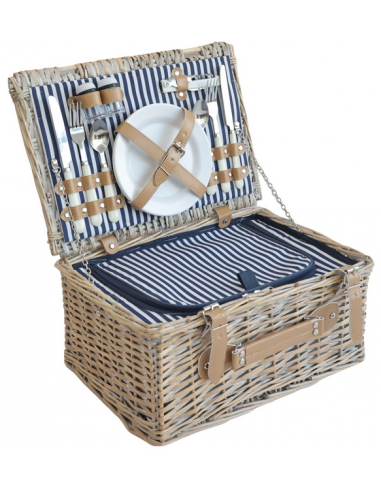 Picknick kurv 2 personer i rattan og polyester H20 x B40 x D28 cm - Hvidtet/Blå
