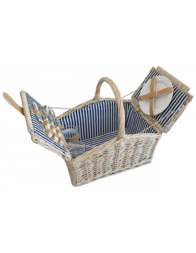 Picknick kurv 2 personer i rattan og polyester H37 x B40 x D28 cm - Hvidtet/Blå