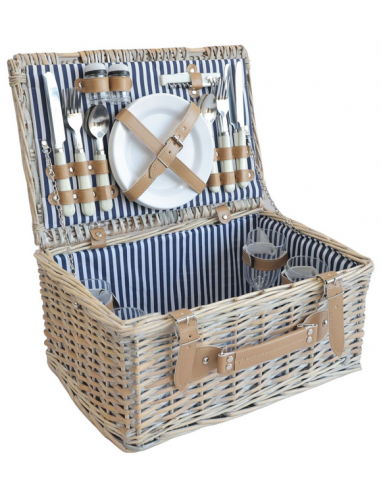 Picknick kurv 4 personer i rattan og polyester H20 x B40 x D28 cm - Hvidtet/Blå