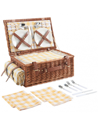 Picknick kurv 4 personer i rattan og polyester H20 x B46 x D31 cm - Brun/Gul