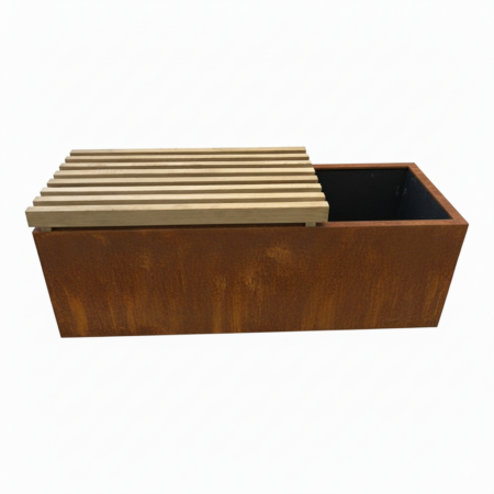 Plantekasse i corten med bænk | 120x40x40