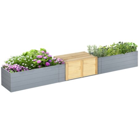 Plantekasse med bænk, måler 240 x 42 x 32 cm.