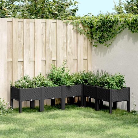 Plantekasse med ben 160 × 120 × 42 cm i PP - sort, L-formet højbed i rattanlook