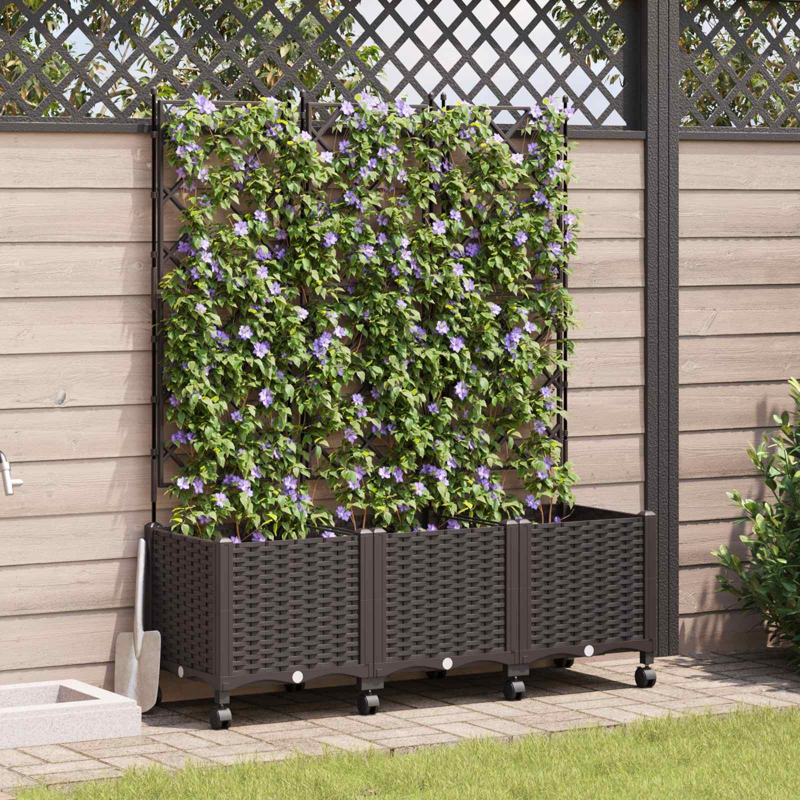 Plantekasse med espalier og hjul 3 stk. brun PP Plantekasse med espalier og hjul 3 stk. brun PP
